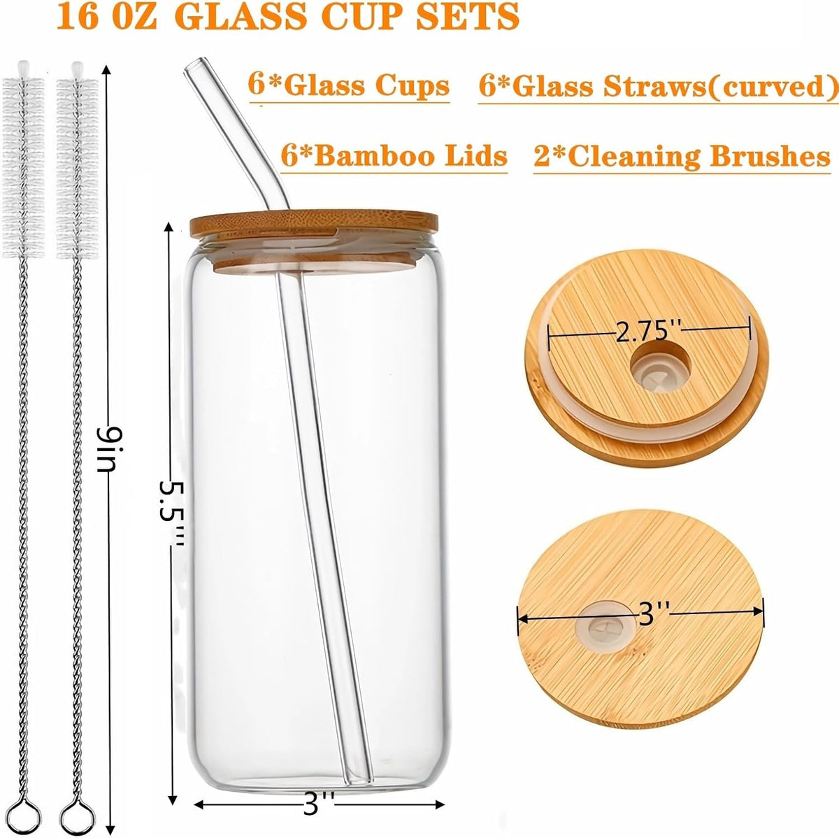16 oz Glass Tumbler with Bamboo Lid and Straw T41415
