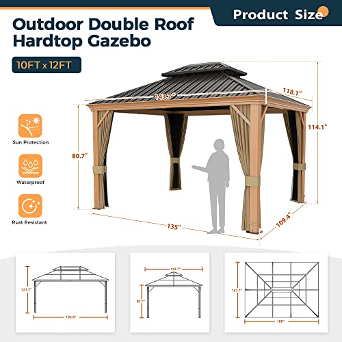 Gray 10 x 12 Hardtop Aluminum Steel Gazebo with Netting and Curtains D906