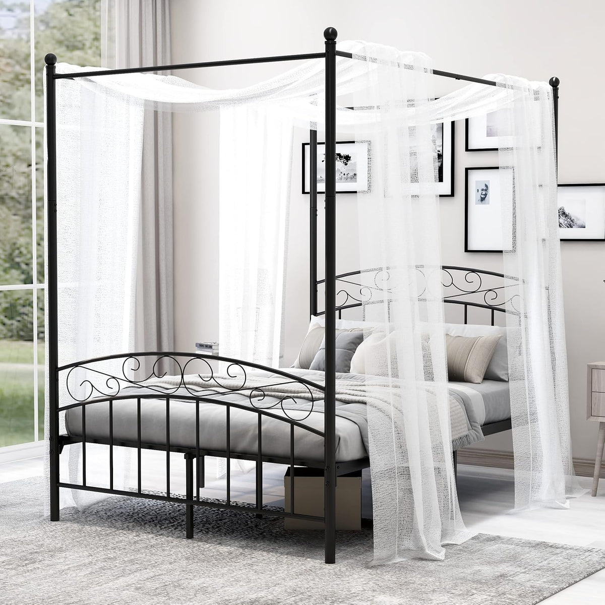 White Queen Size Metal Canopy Bed Frame with Headboard and Footboard X8696