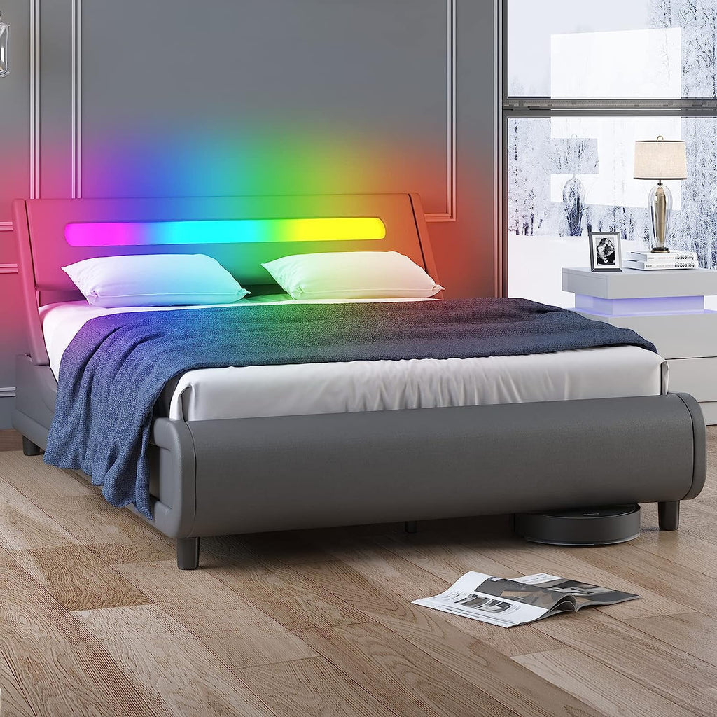 King Size Grey PVC Upholstered Platform Bed Frame J557855