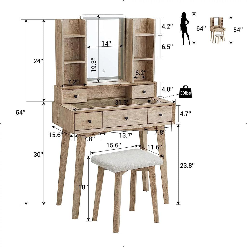 Vanity Set with Lighted Mirror and Cushioned Stool I921470