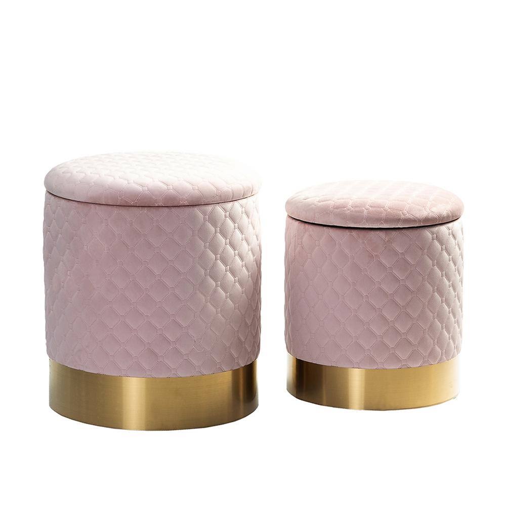 Pink Geometric Quilted Velvet Storage Ottoman Set, 2 Piece A671339