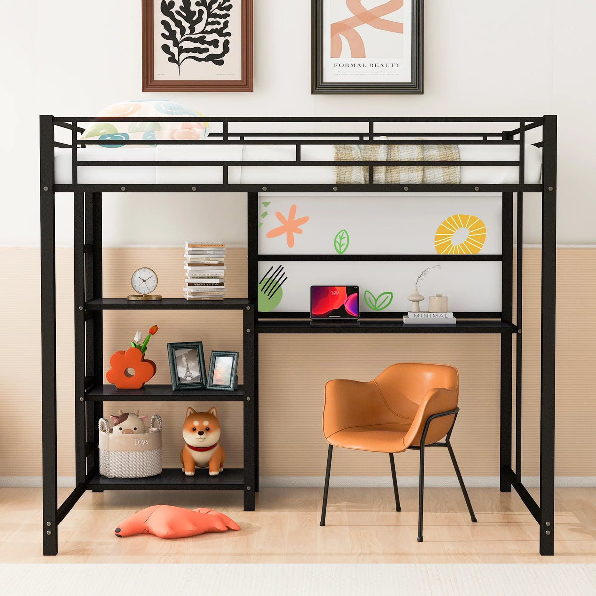 Full Size Black Metal Loft Bed with Desk and Whiteboard P765847