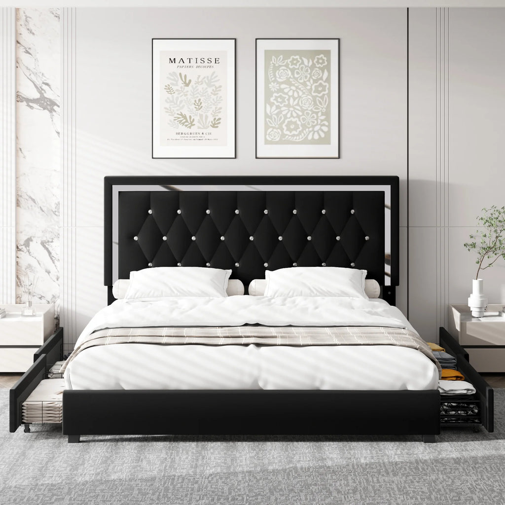 King Size Storage Bed with 4 Drawers, Black Upholstered Platform Bed Frame with Adjustable Headboard W768509