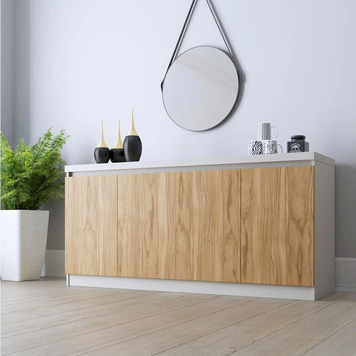 Off White Cinnamon 63" Wood Sideboard with 6 Shelves M132
