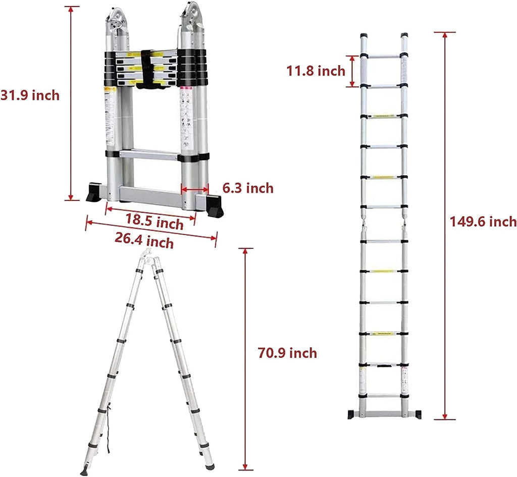 Telescoping 2 in 1 Extension Ladder, 6 FT Herringbone & 12 FT Straight, Lightweight Collapsible with Stabilizer Bar M42316