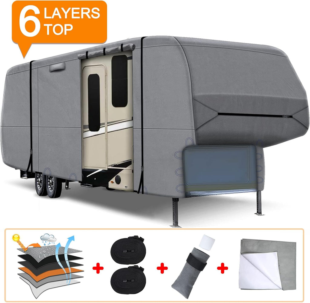6 Layers 5th Wheel RV Cover with 2Pcs Extra Straps & Gutter Spout Covers T2596