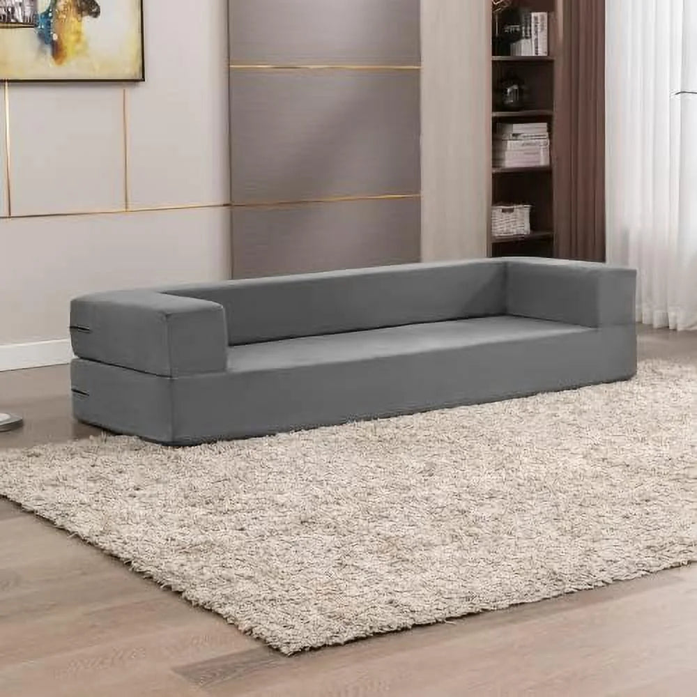 Velvet Convertible Floor Sofa Bed with 3 Ottomans Memory Foam Pull Out Couch C896