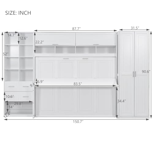 Queen Size Murphy Bed with Desk and Storage Drawers White H93570