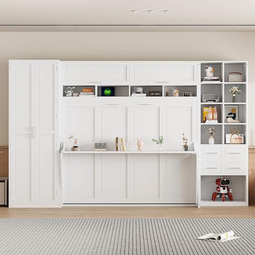 Queen Size Murphy Bed with Desk and Storage Drawers White H93570