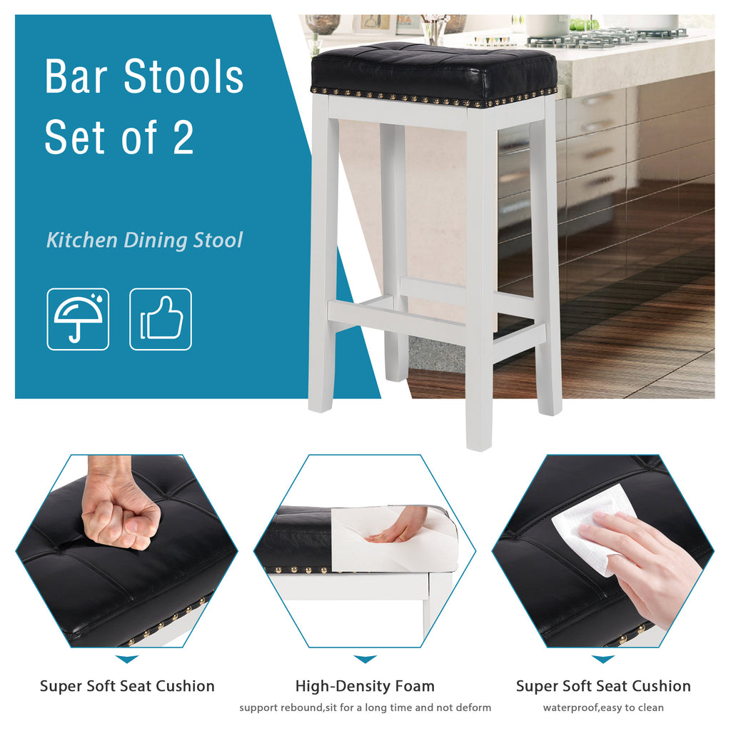 29 Inch Bar Stools Set of 2 PU Leather Solid Wooden Saddle Stool White W71109