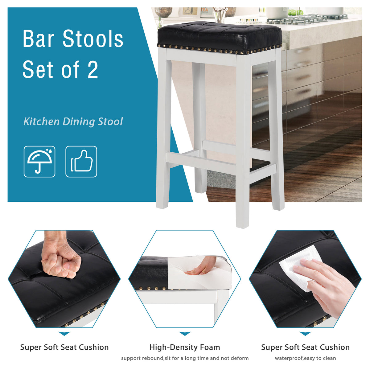 29 Inch Bar Stools Set of 2 PU Leather Solid Wooden Saddle Stool White W71109