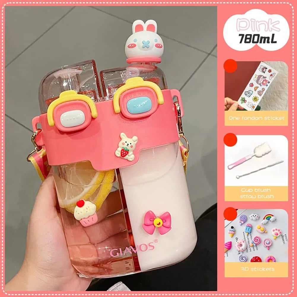Pink Cartoon Double Layer Water Bottle with Straw T65318