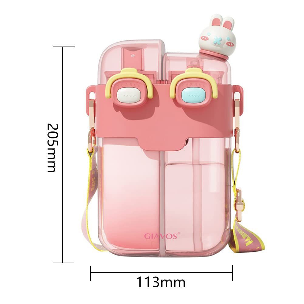 Pink Cartoon Double Layer Water Bottle with Straw T65318