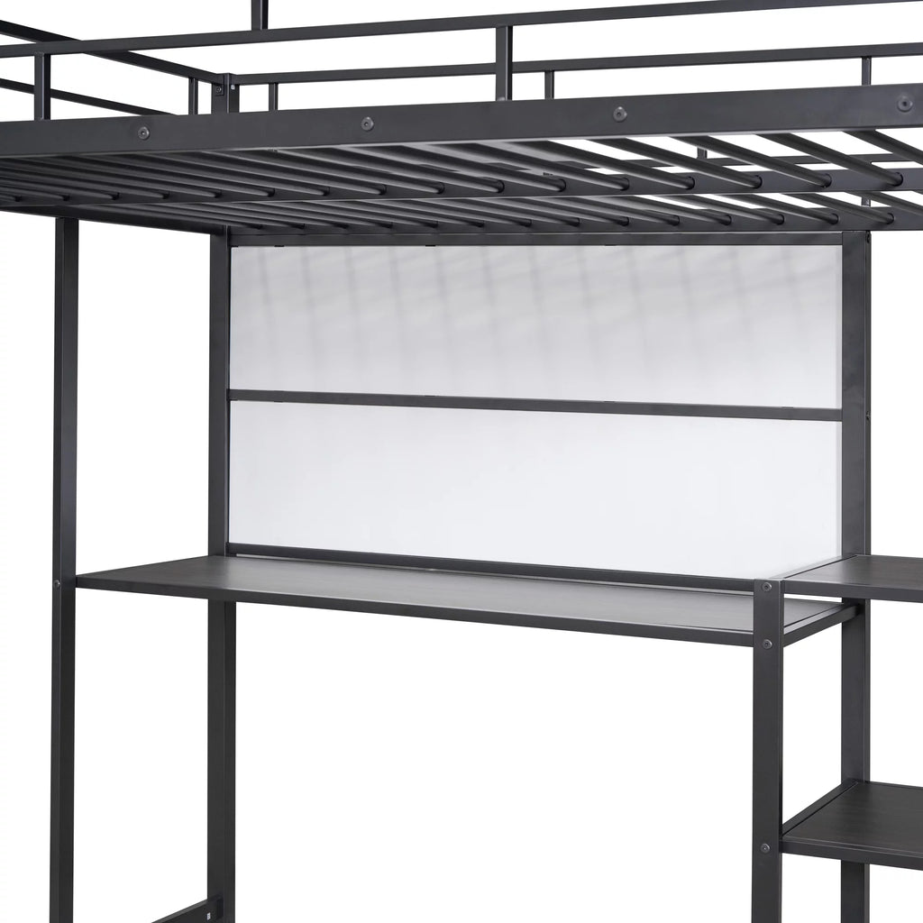 Full Size Black Metal Loft Bed with Desk and Whiteboard P765847