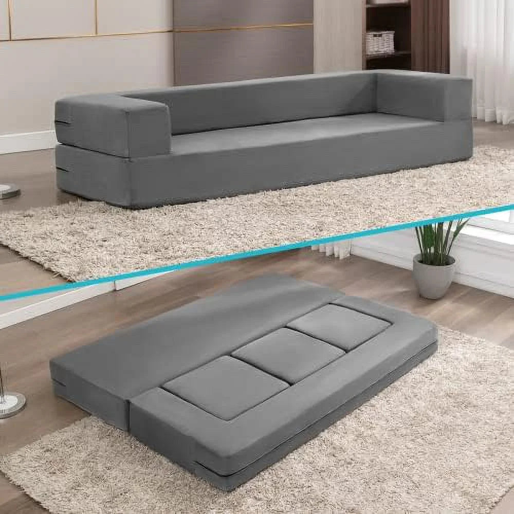Velvet Convertible Floor Sofa Bed with 3 Ottomans Memory Foam Pull Out Couch C896