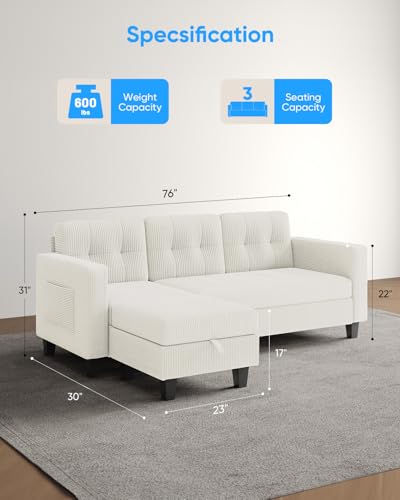 76 Inch L Shaped Corduroy Convertible Sectional Sofa with Reversible Storage Ottoman K833