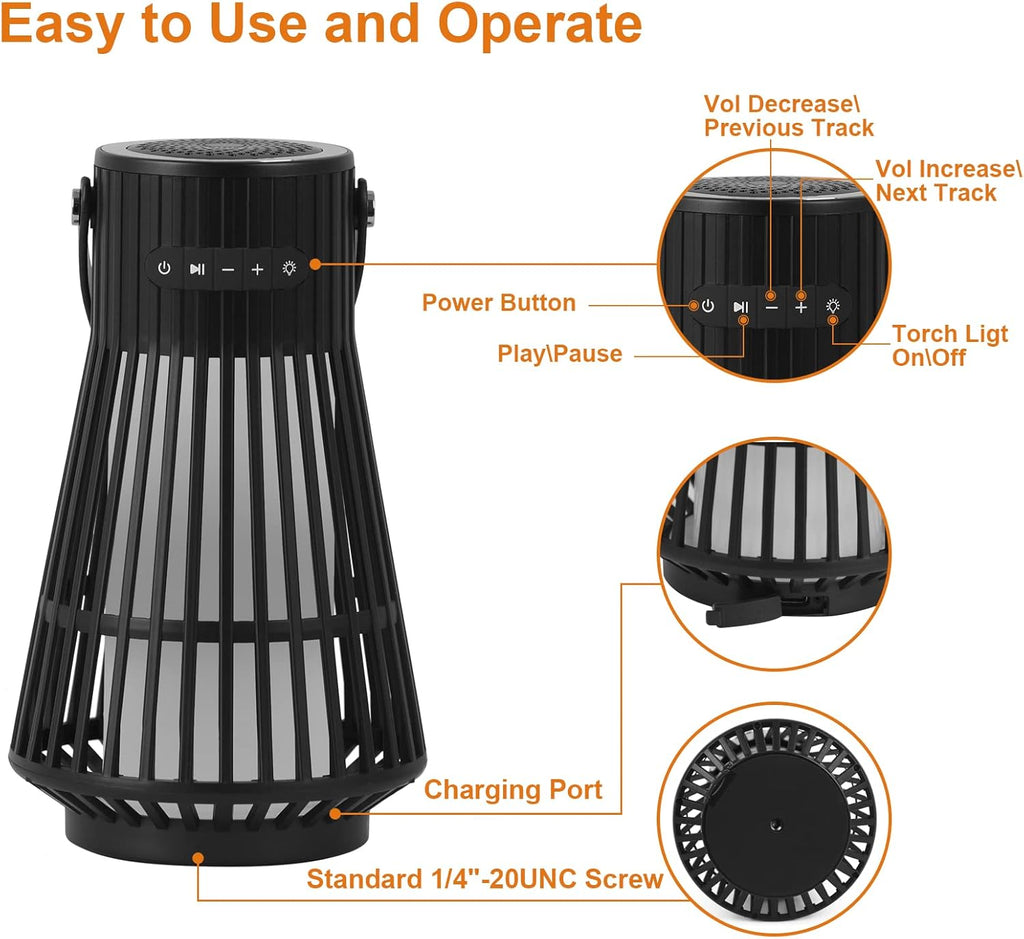 Outdoor Bluetooth Speaker with LED Flickering Flame Effect, Portable Waterproof Wireless Speaker with Wall Mounted Hook M14524