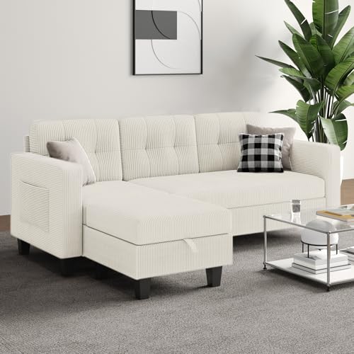 76 Inch L Shaped Corduroy Convertible Sectional Sofa with Reversible Storage Ottoman K833