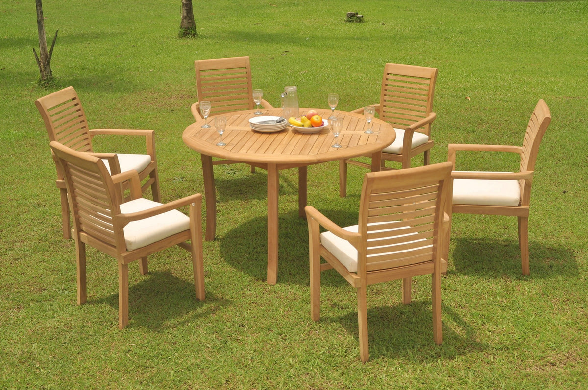 Grade-A Teak 7 Pc Outdoor Dining Set with 52" Round Table and 6 Stacking Arm Chairs L310