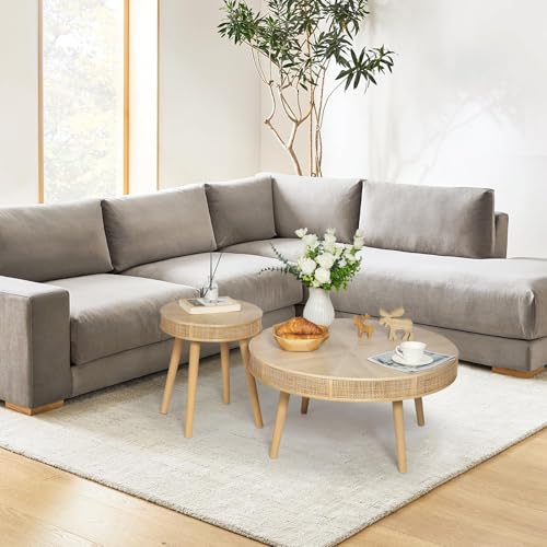 Round Coffee Table Set with Rattan, Natural, 2Pack H357