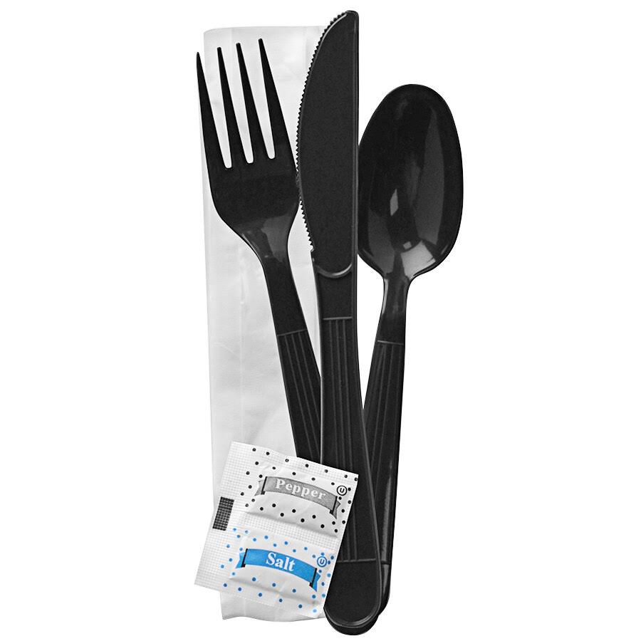 250 Ct. Disposable Wrapped Plastic Cutlery Set with Napkin, Salt & Pepper Packets Z8558