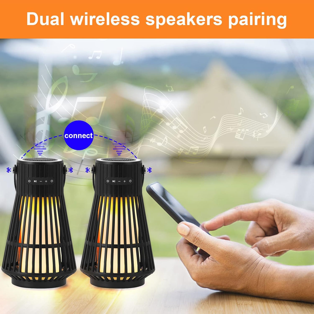 Outdoor Bluetooth Speaker with LED Flickering Flame Effect, Portable Waterproof Wireless Speaker with Wall Mounted Hook M14524