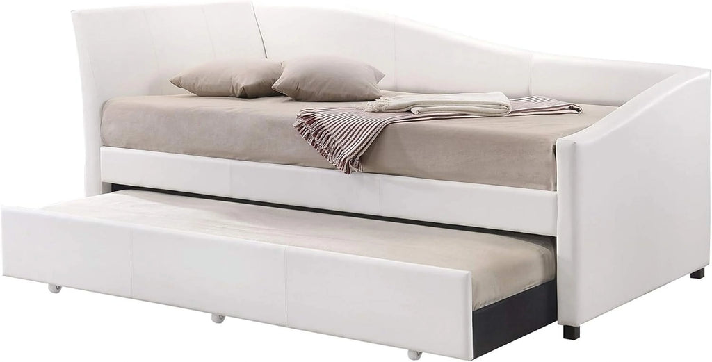 White Faux Leather Upholstered Daybed with Trundle J3579