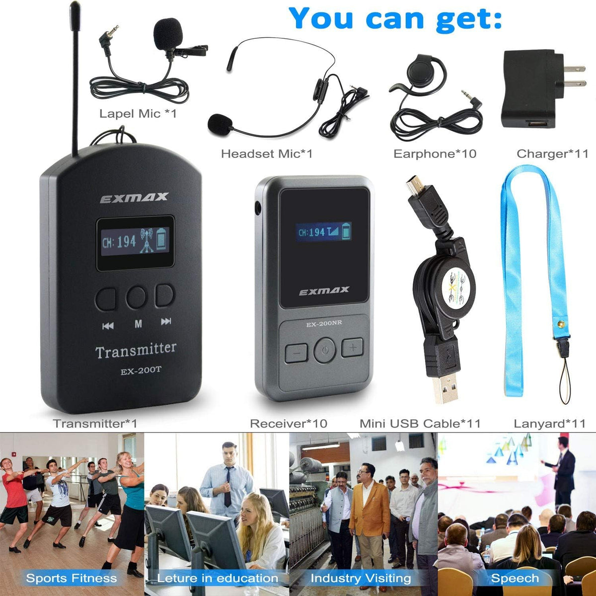 UHF Wireless Tour Guide Audio Transmission Set, 200 Channels, 1 Transmitter & 10 Receivers E920
