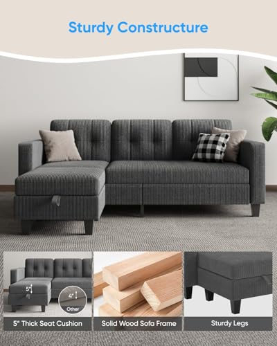 76 Inch L Shaped Corduroy Convertible Sectional Sofa with Reversible Storage Ottoman K833