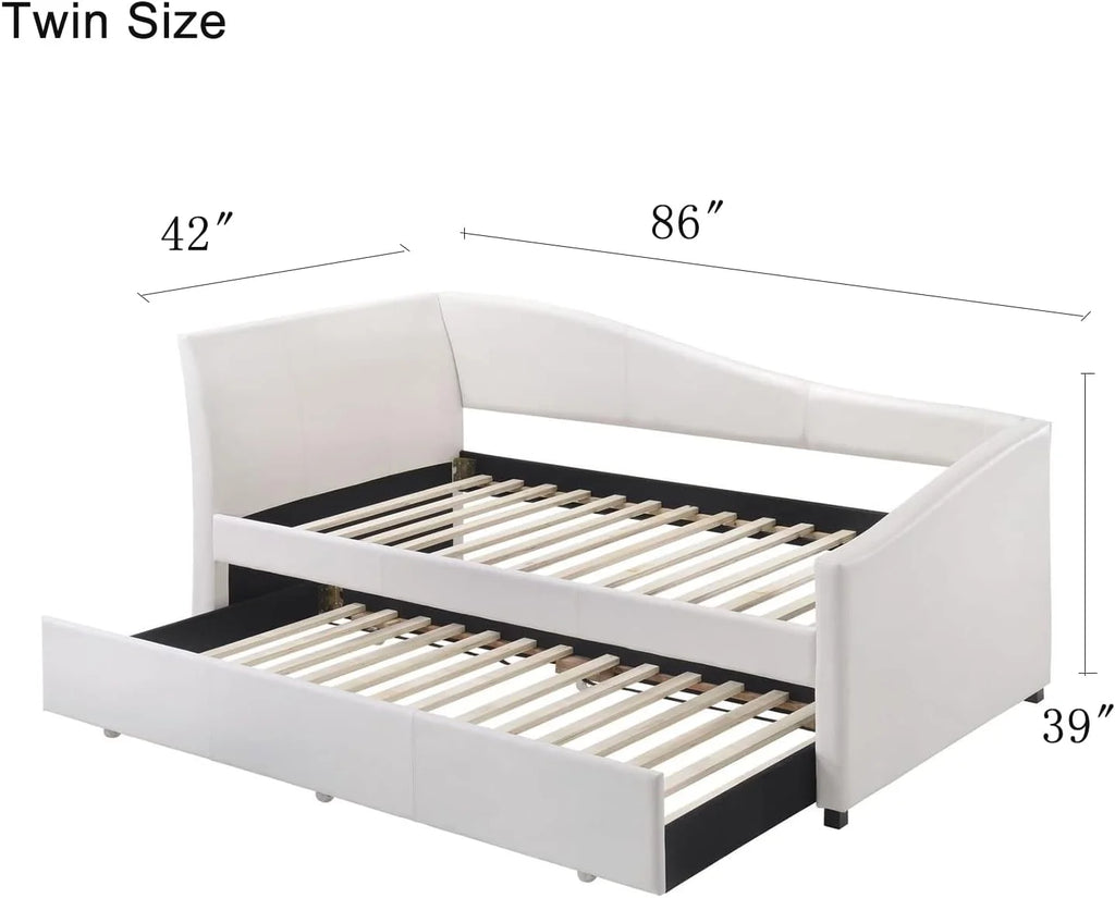 White Faux Leather Upholstered Daybed with Trundle J3579