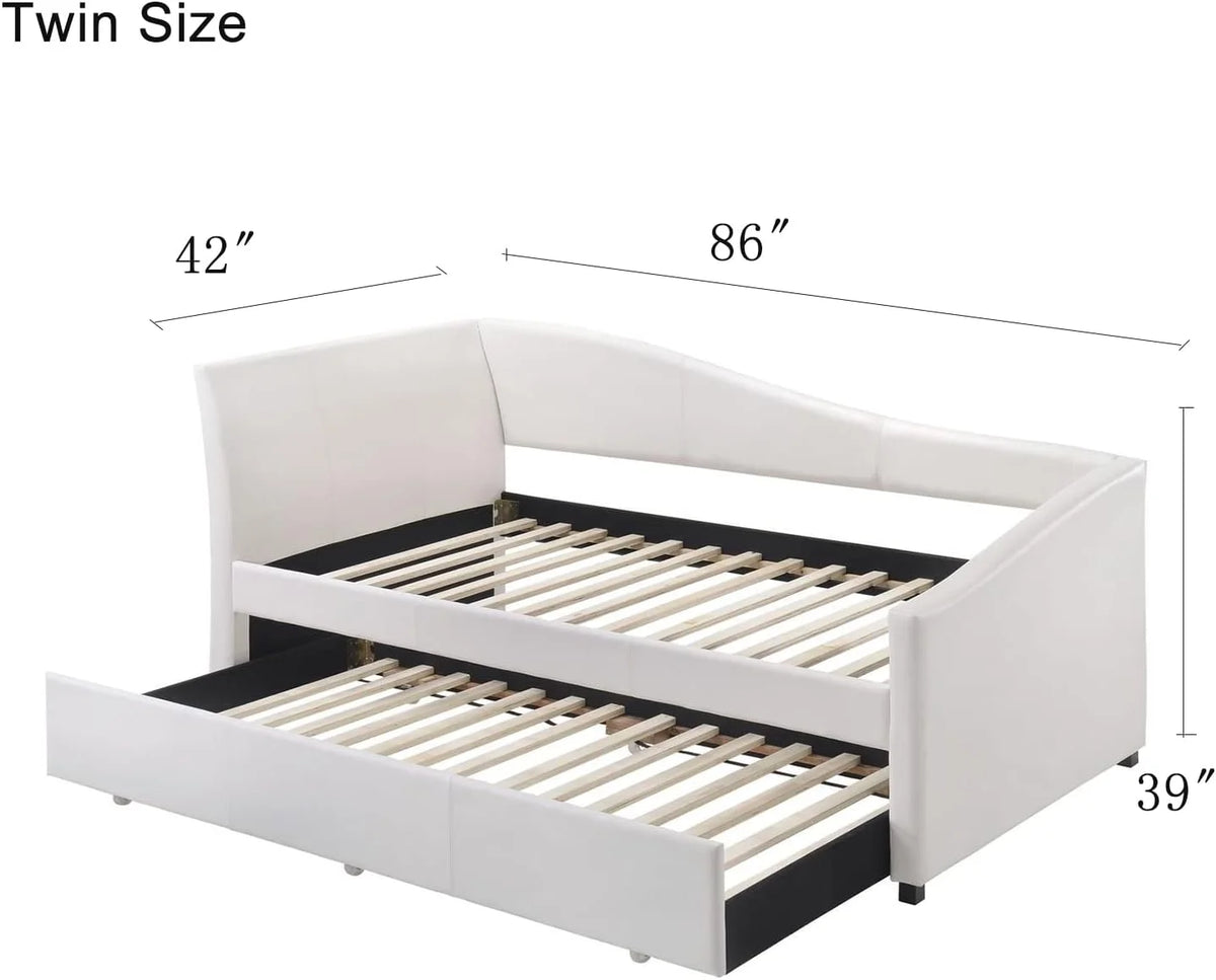 White Faux Leather Upholstered Daybed with Trundle J3579