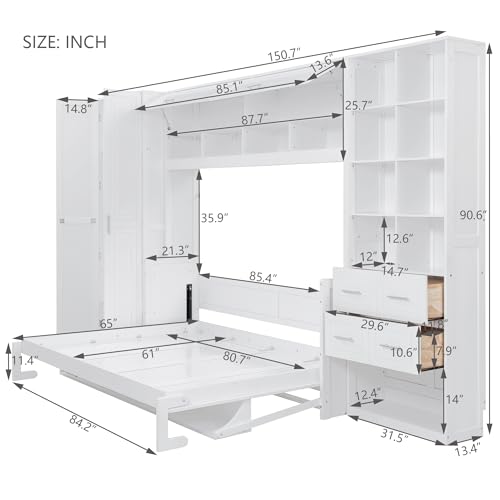 Queen Size Murphy Bed with Desk and Storage Drawers White H93570
