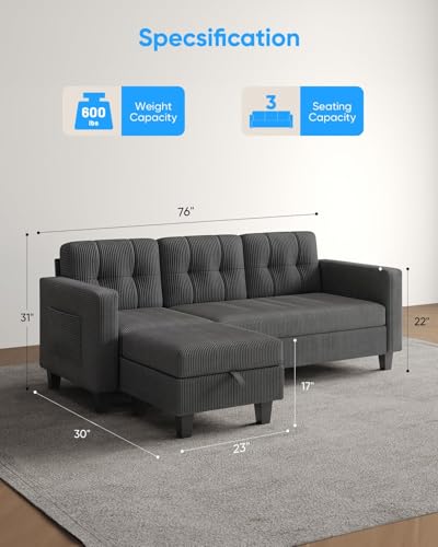 76 Inch L Shaped Corduroy Convertible Sectional Sofa with Reversible Storage Ottoman K833