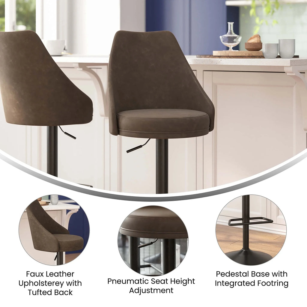 Set of 2 Adjustable Height Barstools with Upholstered Seats and Footring, Brown S17008