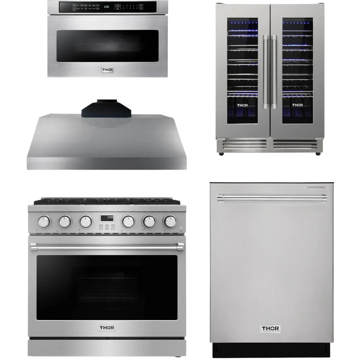 36 Gas Range, Range Hood, Dishwasher, Microwave and Wine Cooler M870