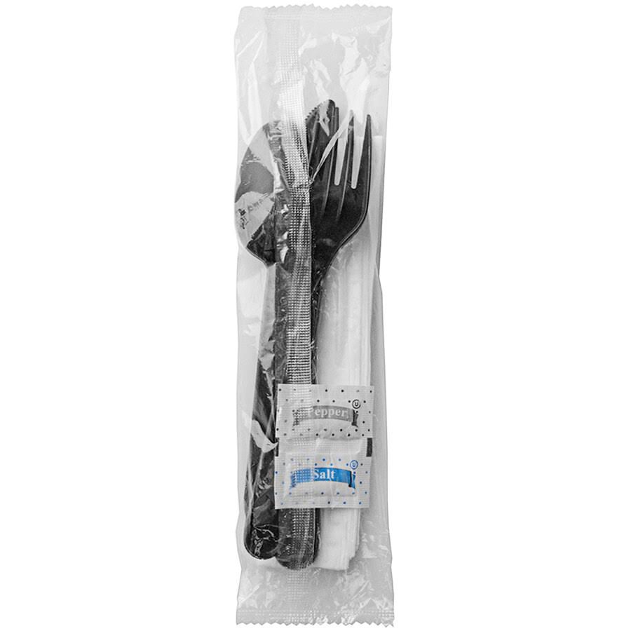 250 Ct. Disposable Wrapped Plastic Cutlery Set with Napkin, Salt & Pepper Packets Z8558