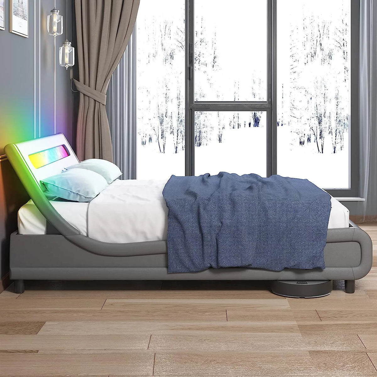 King Size Grey PVC Upholstered Platform Bed Frame J557855
