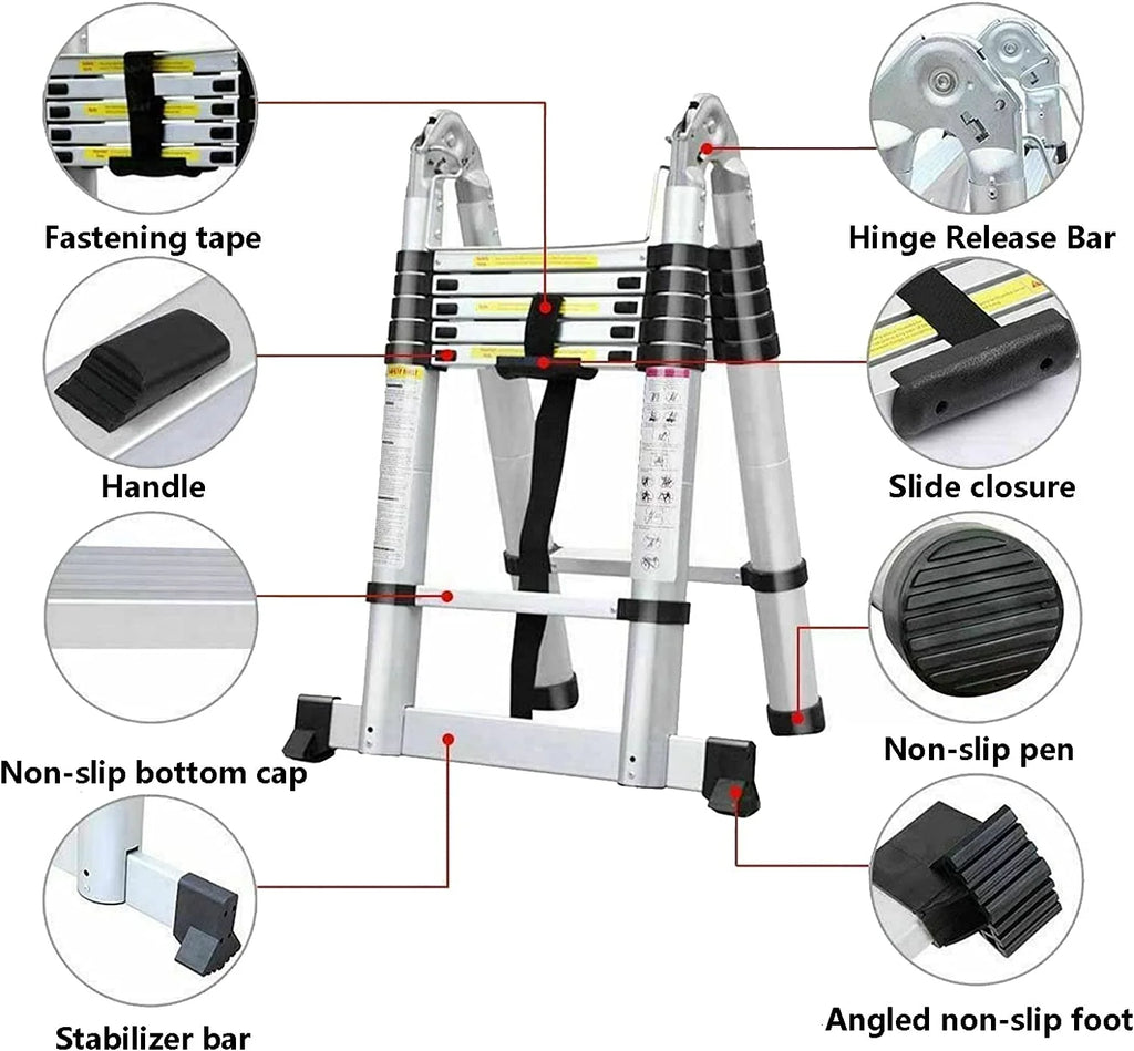 Telescoping 2 in 1 Extension Ladder, 6 FT Herringbone & 12 FT Straight, Lightweight Collapsible with Stabilizer Bar M42316