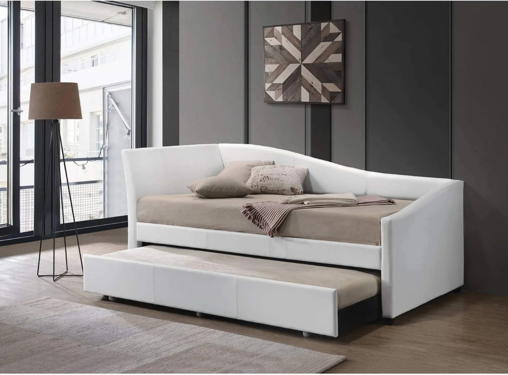 White Faux Leather Upholstered Daybed with Trundle J3579