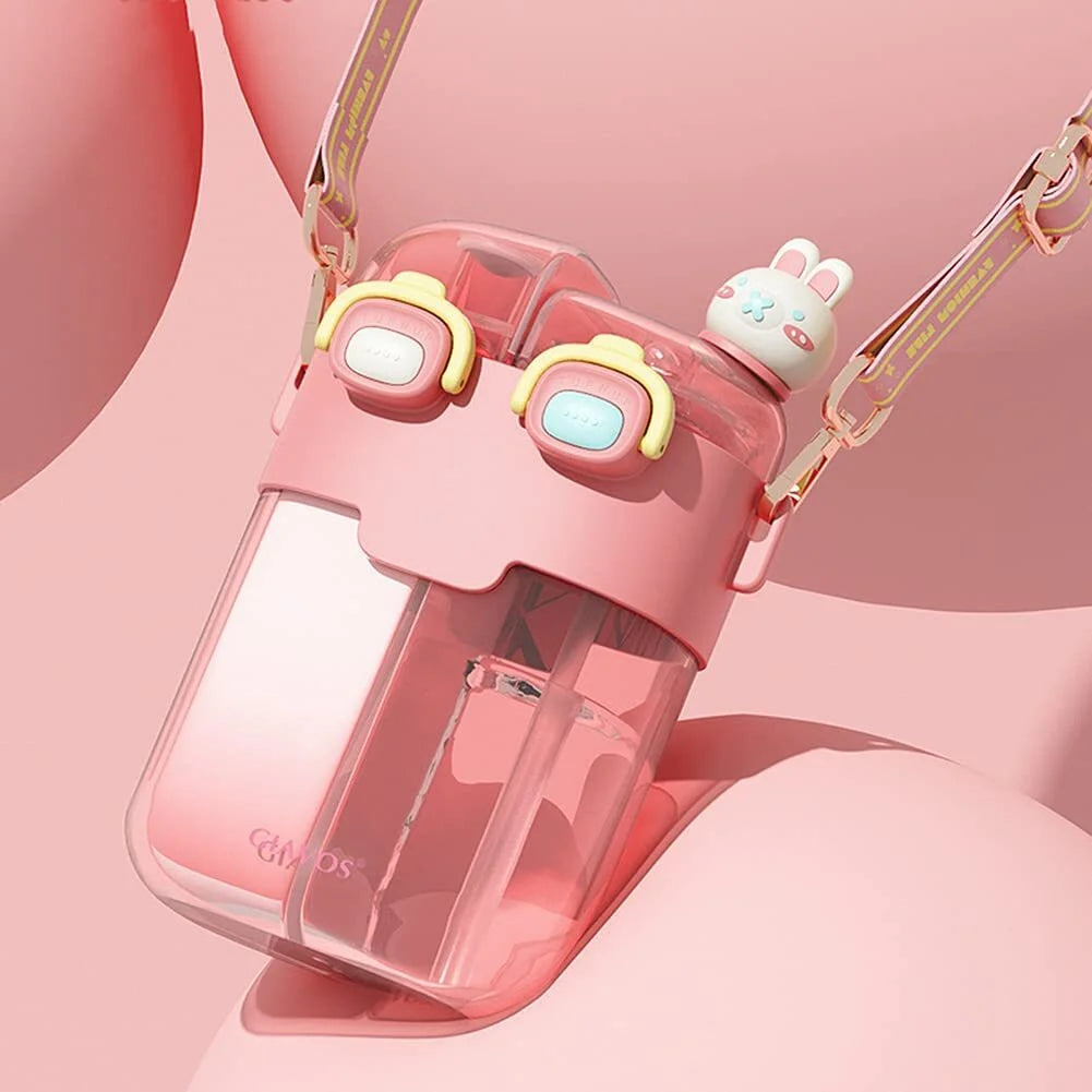 Pink Cartoon Double Layer Water Bottle with Straw T65318