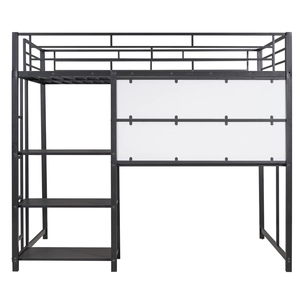 Full Size Black Metal Loft Bed with Desk and Whiteboard P765847