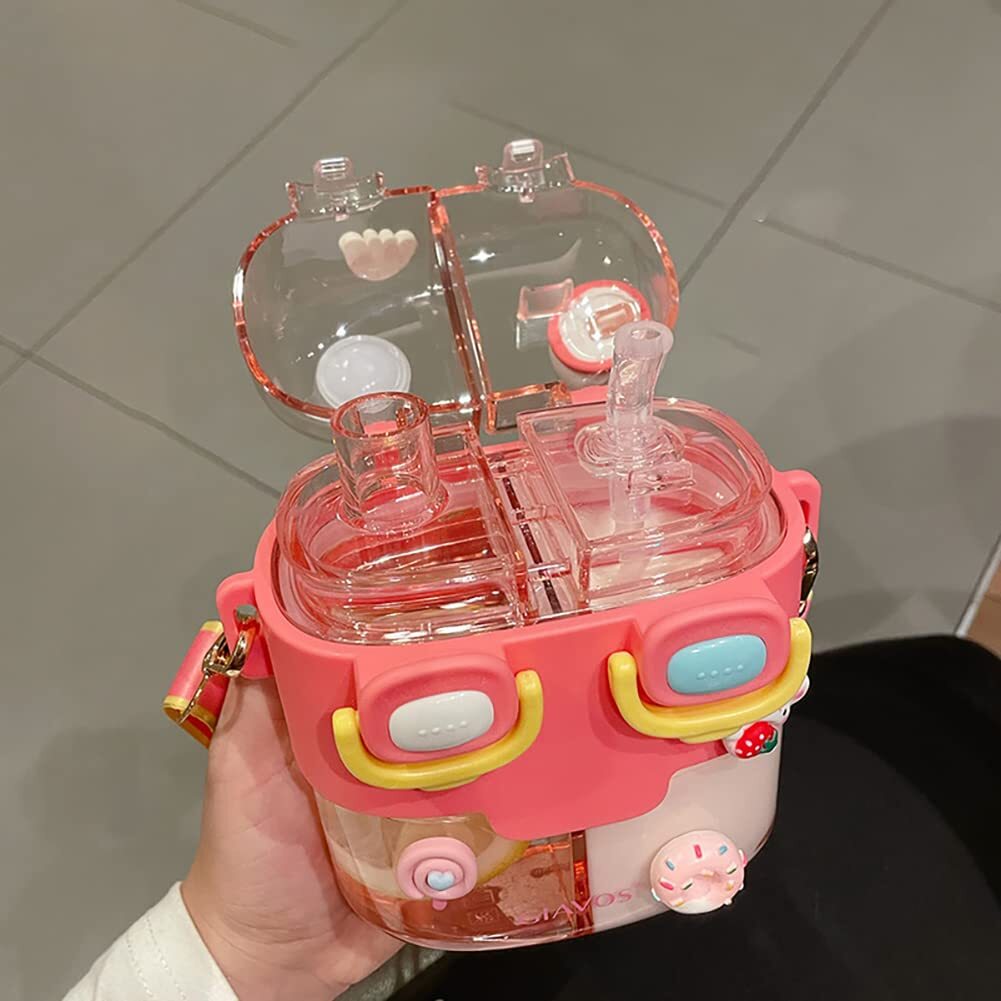 Pink Cartoon Double Layer Water Bottle with Straw T65318