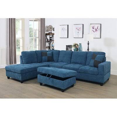 Blue Velvet Left Hand Facing Corner Sectional with Ottoman P965