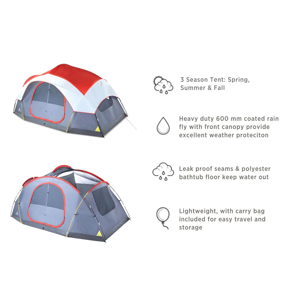 8 Person 3 Season Dome Tent with Room Divider and Rainfly, Red W269