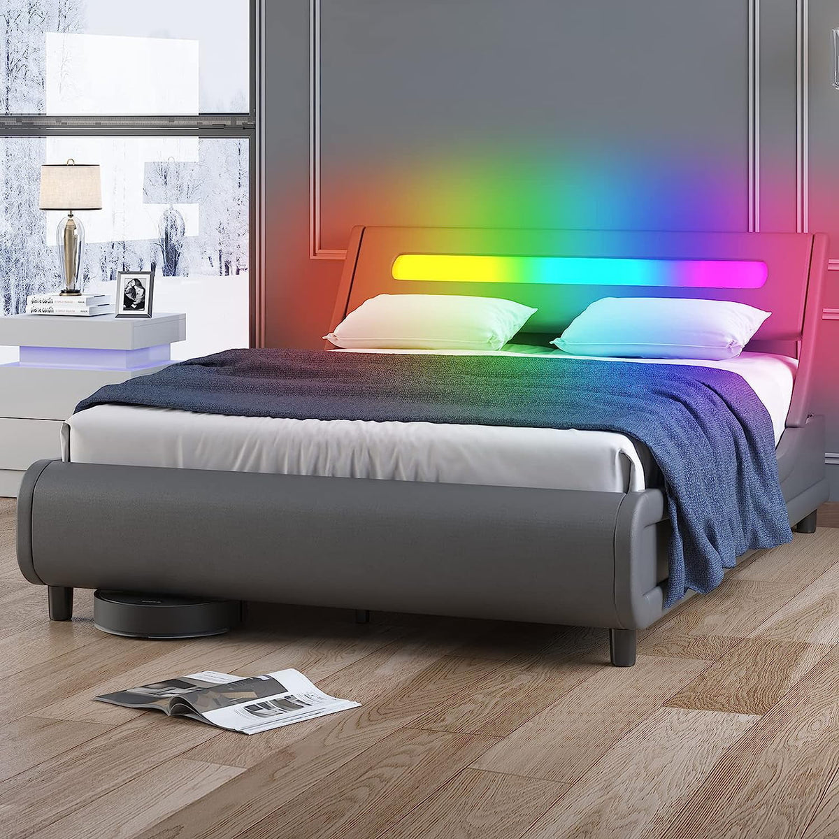 King Size Grey PVC Upholstered Platform Bed Frame J557855