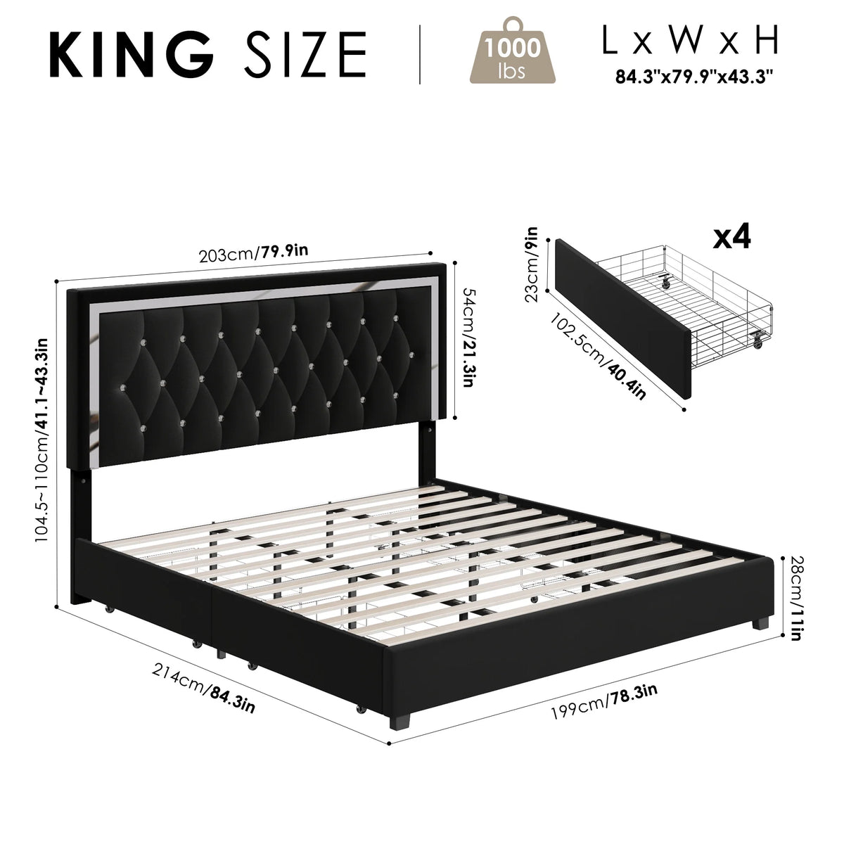 King Size Storage Bed with 4 Drawers, Black Upholstered Platform Bed Frame with Adjustable Headboard W768509