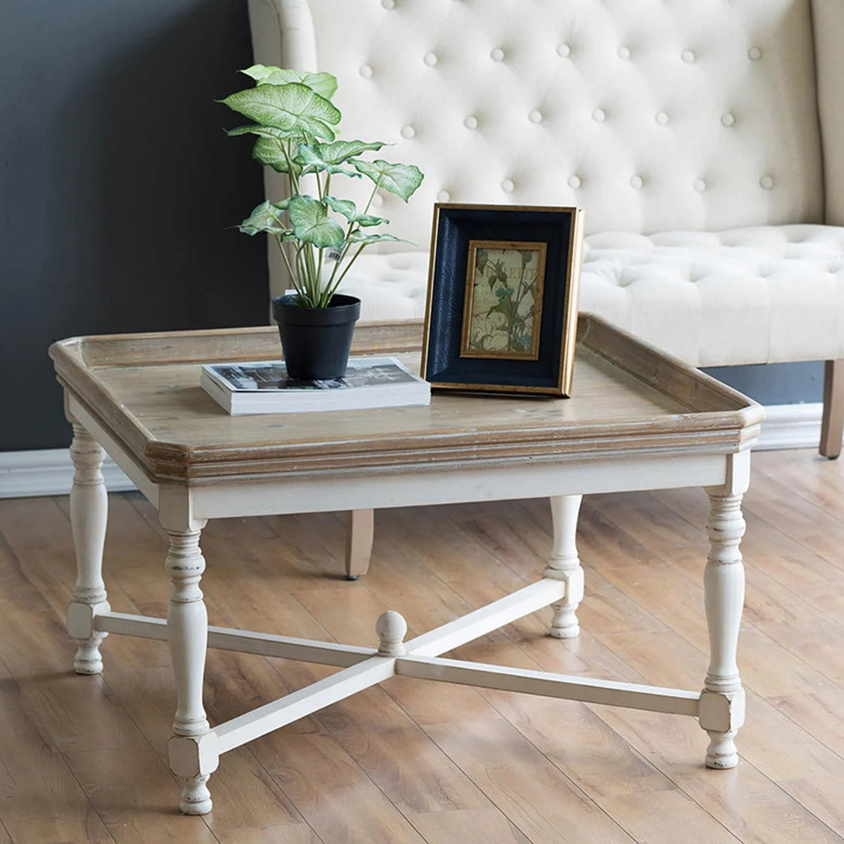 Square Coffee Table with Aged White & Natural Finish X961
