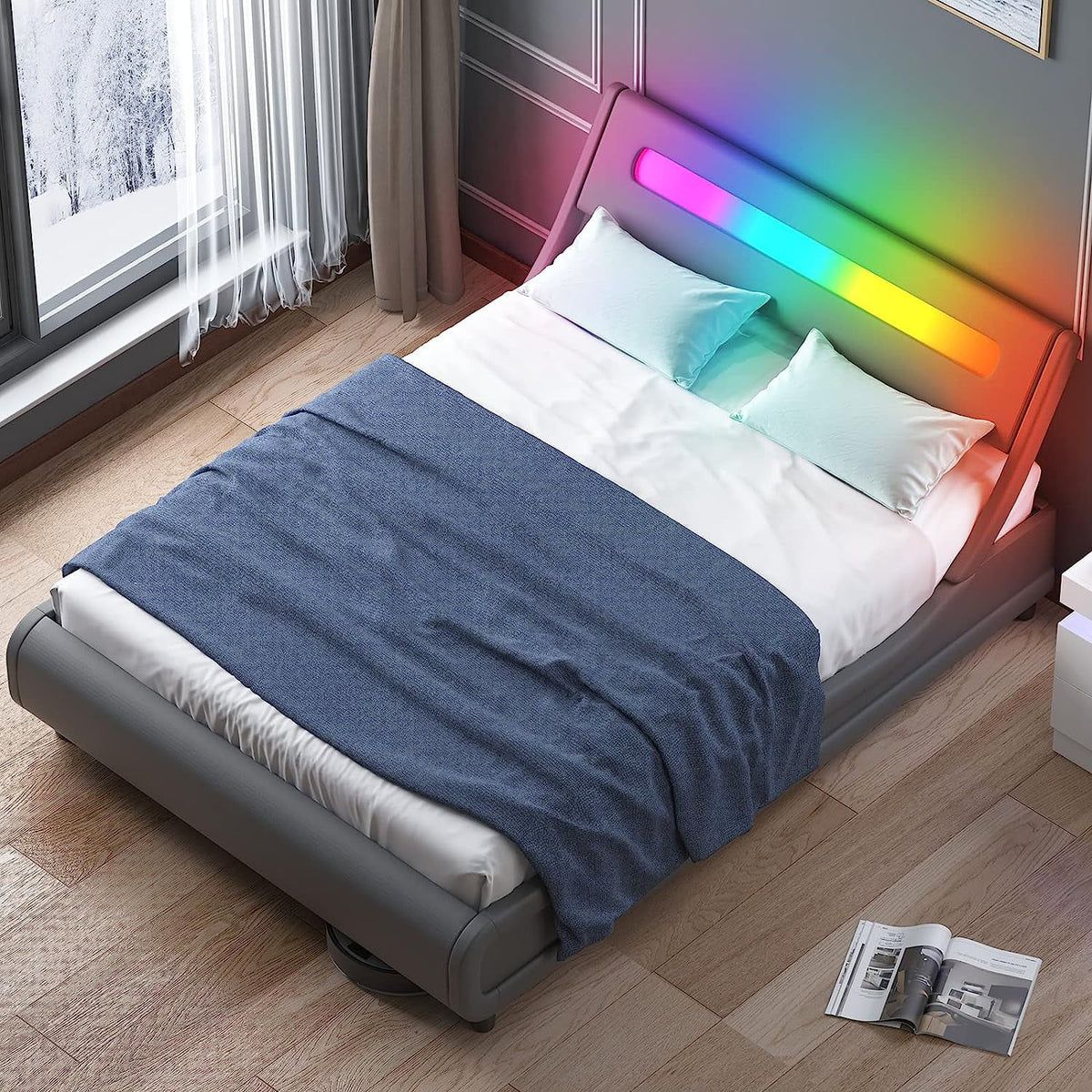 King Size Grey PVC Upholstered Platform Bed Frame J557855