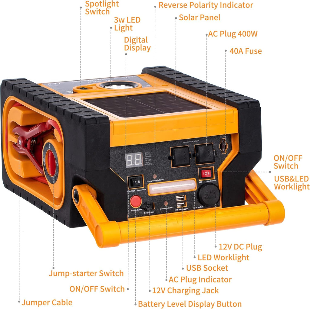 Solar Car Jump Starter 12V 1400 Peak AMPS 8-in-1 Power Station with Digital Air Compressor U701298